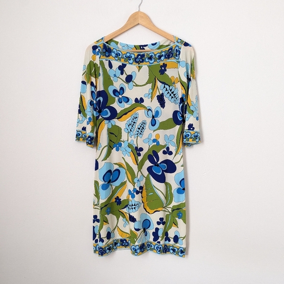 Vintage Blue Yellow Green Retro Floral Print Half Sleeve Boatneck Mini Dress - Picture 1 of 3